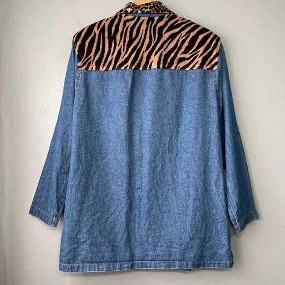 Vintage Brandon Y Size 8 Blue Jean Denim Jacket Leopard Print Faux Fur Collar - Picture 5 of 7